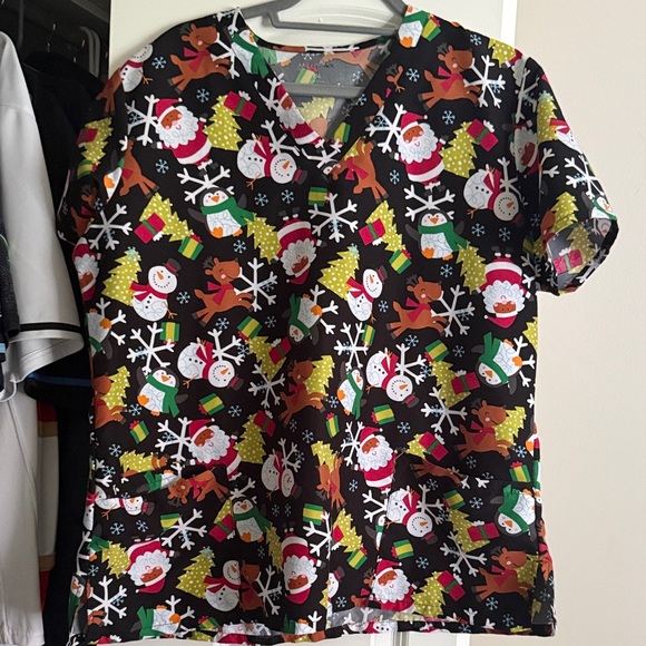 Festive Black Christmas Print Scrub Top - Picture 1 of 3